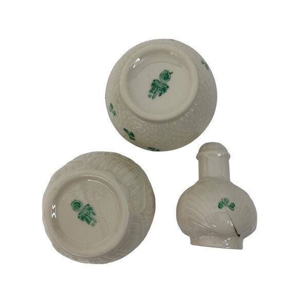 Belleek Irish Porcelain Shamrock Design Set Of 3 Bowls  & Pepper Shaker 8811 - Picture 2 of 8